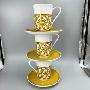 Georges Briard Set of 3 Cup & Saucers Porcelain Japan Gold Scroll Design Vintage